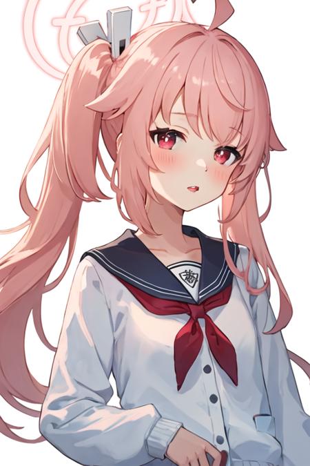 best quality, masterpiece, highres, solo, {natsu_bluearchive:1.15}, pink_hair, long_hair, side_ponytail, halo, red_eyes, ahoge, blush, bangs, serafuku, hair_ornament, 1girl, blue_sailor_collar, looking_at_viewer, neckerchief, red_neckerchief, sailor_collar, school_uniform, simple_background, upper_body, white_background, parted_lips, triangle_mouth