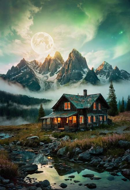 (by Ellen Jewett:1.5), (Bioluminescent Impressionism, The Dreamland), their peaks veiled in mist. mixed media, surrealism, great lighting, A surreal landscape highly detailed . extremely high-resolution details,  appears trapped in an optical illusion of reflections and refractions colorful , mountain cabin, professional photography, natural lighting, moon, night volumetric lighting maximalist. intricately detailed, complex, elegant, expansive, fantastical, film photography style,  medium grain,  <lora:MJ52:0.3>  <lora:SDXLFaeTastic2400:0.4>  <lora:EpicF4nta5yXL:0.7>.ethereal landscapes, depth of field, biotech emotion:1.3) <lora:xl_more_art-full_v1:0.5> <lora:add-detail-xl:1> <lora:RMSDXL_Creative:2>