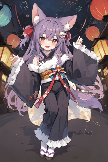 best quality, masterpiece, extremely detailed, detailed background, 1girl, animal ears, solo, long hair, tail, fireworks, lantern, smile, orange eyes, bow, frills, animal ear fluff, brown hair, full body, japanese clothes, looking at viewer, kimono, open mouth, hair ornament, purple hair, sleeves past wrists, very long hair, long sleeves, bangs, fang, :d, paper lantern, fox tail, frilled sleeves, fox ears, red bow, new year, white socks, hair bow, fox girl, socks, zouri, grey eyes, wide sleeves, pants, fur trim <lora:bacheally128dim-epoch-000006:1>