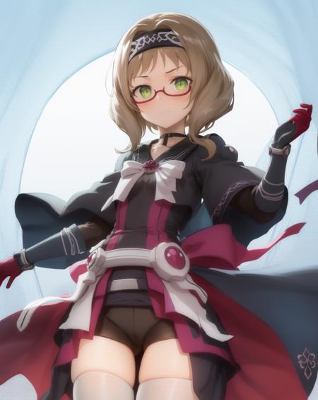 <lora:Akihara_Sekka-10:0.8>,1girl, solo, glasses, green eyes, brown hair, thighhighs, gloves, armor, hairband, short hair,Magic Girl,