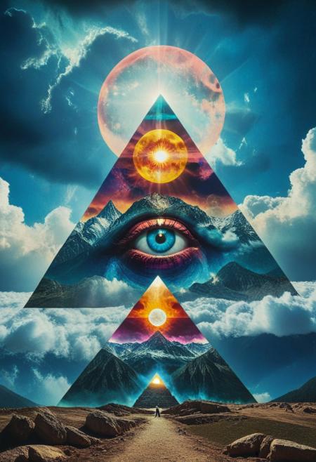 mountain, surreal,  double exposure, dark and moody ,colored all seeing eye pyramid made of ff-collage, film grain, high quality, dramatic ,poster, faint face, horror story style, sun and moon behind clouds, chromatic aberration