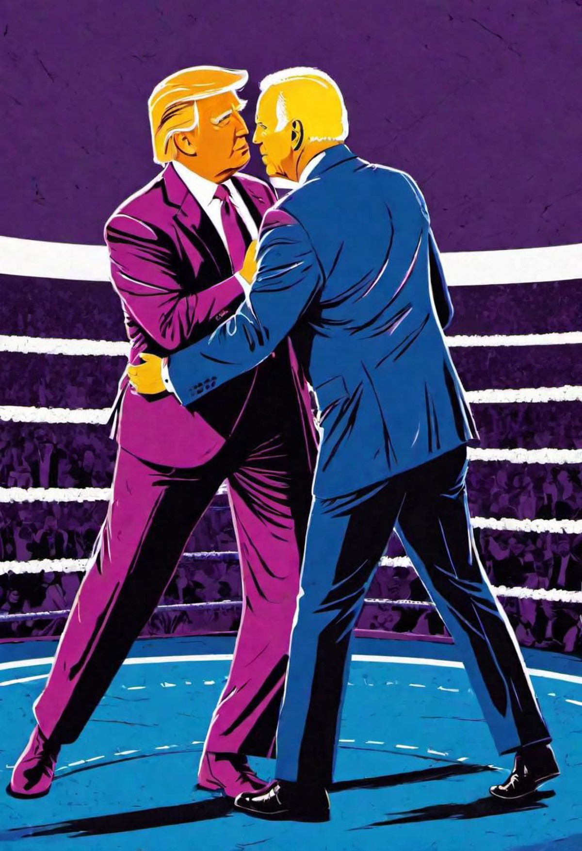 Donald Trump wrestling with Joe Biden, stadium. Digital artwork, bold lines, vibrant, saturated colors