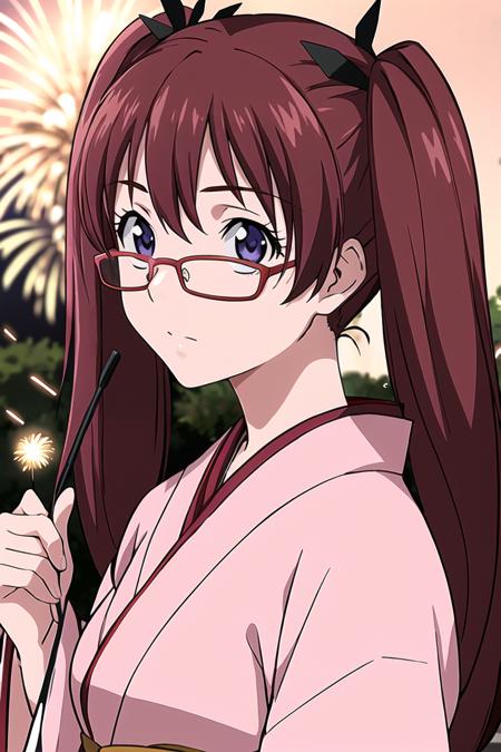 noyamano ringo,red hair,purple eyes,twintails,long hair,glasses,red-framed eyewear,school uniform,serafuku,