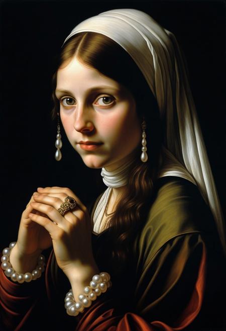 Long lost Leonardo da Vinci painting of a girl with a large pearl ring, dark black background, dramatic light, profie portrait, slight smile, enigmatic, head covered with scarf