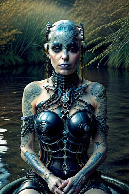"A serene humanoid AI reimagined as a nature spirit, her form made of crystal-clear water, intertwined with delicate vines and moss. She has a soft, glowing aura and butterfly wings that shimmer in the sunlight. She’s sitting by a tranquil stream surrounded by blooming wildflowers and animals like deer and birds that gather around her. Art style: soft and heartwarming, with earthy tones and an impressionistic touch." , from below,
NEG_EMBED_STABLE_YOGI_V3, cyberg1gerng, cyberg1gerng face,