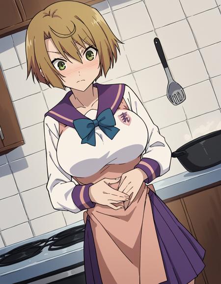 ranko saouji, short hair, brown hair, green eyes, ahoge, large breasts, school uniform, serafuku, long sleeves, bowtie, blue bowtie, skirt, purple skirt, pleated skirt, white shirt, purple sailor collar,