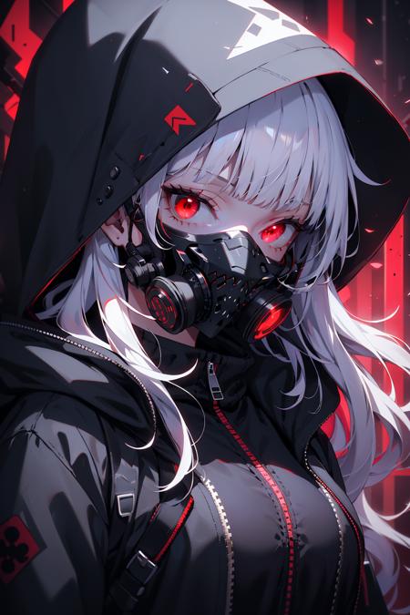 1girl,  solo,  long hair,  looking at viewer,  bangs,  red eyes,  jacket,  upper body,  white hair,  hood,  blunt bangs,  open jacket,  hoodie,  mask,  glowing,  glowing eyes,  hooded jacket,  hood up,  zipper,  mouth mask,  gas mask,<lora:EMS-269066-EMS:1.000000>