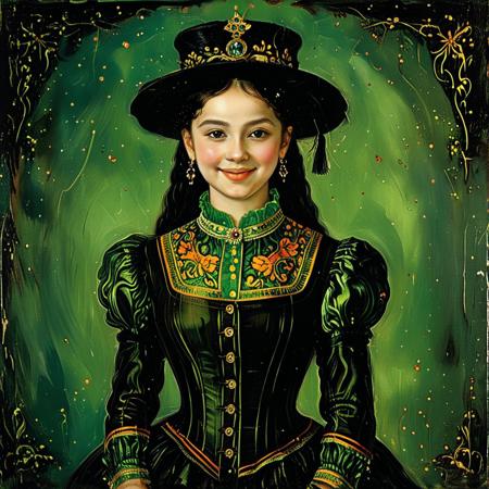 score_9, score_8_up, score_7_up, style of Lucas Cranach the Elder, painting, solo, 1girl, smiling, black hair, hour glass figure, makeup, wearing a layered green blouse, dress, jacket, hat, elegant, vibrant colors, masterpiece, detailed,