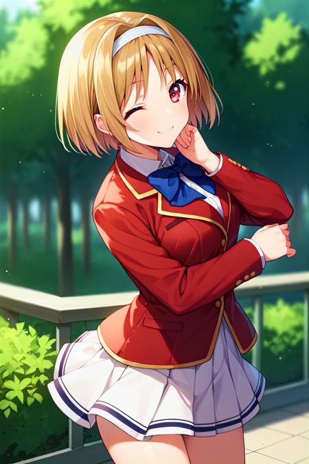 kushida kikyou, short hair, hair intakes, red eyes, hair band, school uniform, red jacket, white skirt, blue bow,