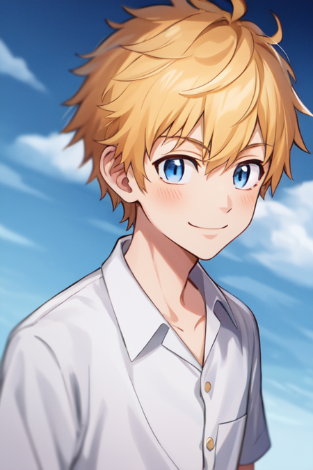 1boy,solo,male focus,takemichi,blonde hair,short hair,blue eyes,shirt,smile,upper body,school,