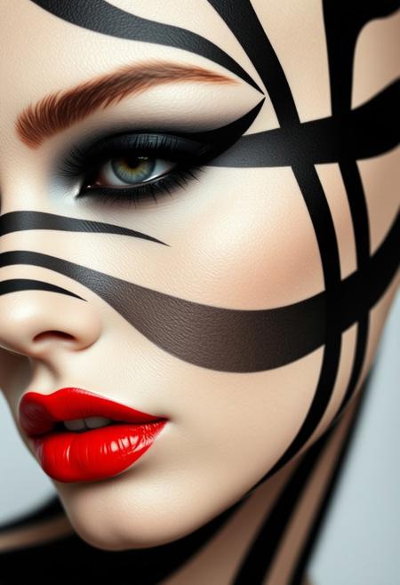 A striking close-up profile of a woman’s face adorned with bold, black stripes that wrap around the contours of her face, creating a hypnotic, zebra-like pattern against her smooth, pale skin. Her eyelids are covered in deep, matte black makeup that accentuates her long eyelashes, while her lips stand out in a glossy, vibrant red, offering a sharp contrast to the monochrome stripes. The image is minimalist yet visually intense, with the pattern seamlessly flowing across her features, evoking a sense of modern art and surreal beauty.
RAW photo, masterpiece, photorealistic, 8k, best quality, stunning eyes, skin detail, skin pores, blemishes