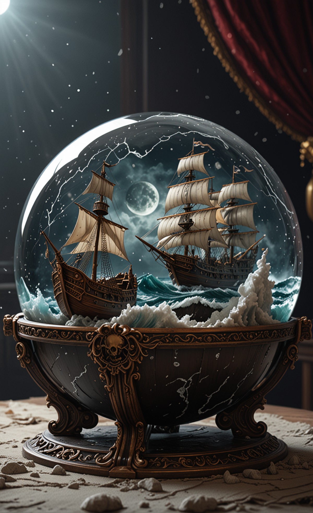 A  glass sphere sculpture, concealed inside the sphere is a large Pirate Ship in a Lightning storm, large waves, in the da...