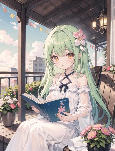 (pixiv masterpiece),masterpiece, best quality, 1girl,cute,kawaii, flat chest, green hair,orange eyes,clover hair ornament, long hair, disheveled hair, messy hair,lucency full dress,indoor,flowers,vane,balcony,blue,pink,dusk,sit down,reading