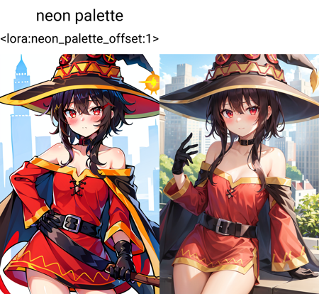 neon palette  <lora:neon_palette_offset:1>, megumin, 1girl, bare shoulders, black cape, black gloves, black hair, blush, cape, choker, collarbone, dress, hair between eyes, hat, long sleeves, looking at viewer, medium hair, off-shoulder dress, off shoulder, red dress, red eyes, sidelocks, solo, witch hat, city,  ((masterpiece))