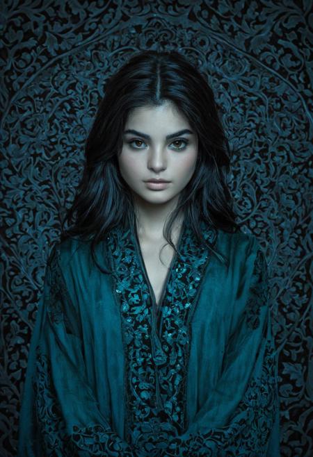 Persian Girl.(art by Ignat Bednarik  and Leigh Behnke:1.2),
aesthetic of neue wilde with darkness atmosphere,
groundbreaking unrivaled opus with unrivaled details,
(tealblue and silvergray colors:0.1),  (balance in center composition:0.1),
<lora:MJ52:1.0>