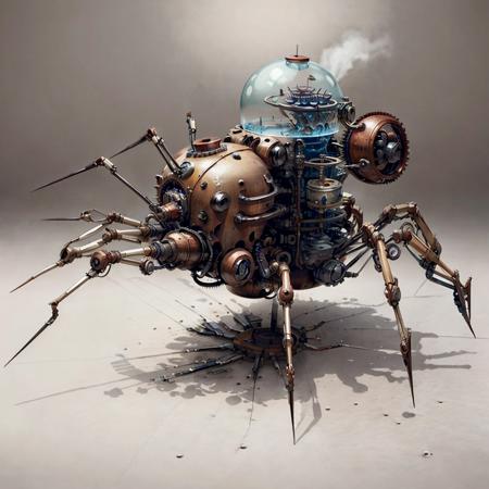 concept art, <lora:Clockworkspider:.75> Clockworkspider combine harvester , metal , glass , wire , valve