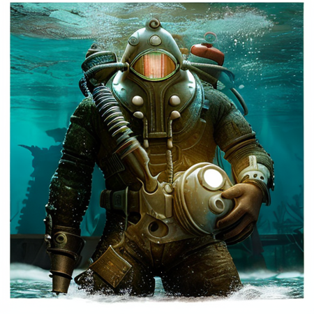 a bigdaddy inside the water close of a deep ruins, under the sea ,deep water background with ruins,full-length photo, 70mm lens, symmetrical, posing, sharp, textured skin, realistic,intricated detailed ,(perfect fingers:1.2),  photographed by a Nikon Z7 II Camera,8k uhd,    <lora:Bigdaddy-000006:1>