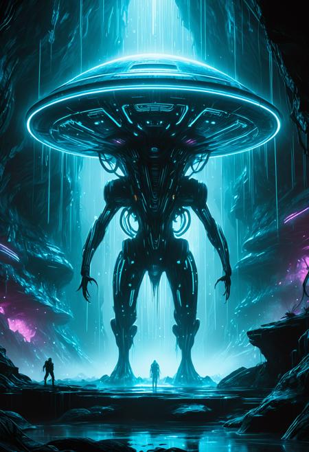 A ultra-detailed 24mm upper-body shot of Alien spaceship, in a watercolor style, set in A colossal underground cavern glowing with bioluminescent fungi, a dynamic fighting pose and an expressionless expression and fully dressed, rating safe. The scene is illuminated by mystical bioluminescent glow, enhancing the ethereal atmosphere. raindrops glistening under neon lights. Combining traditional hand-drawn aesthetics with digital ultra-HD refinement, capturing every intricate nuance in 8K. Every component is precisely designed, bringing the subject to life with breathtaking clarity., <lora:add-detail-xl:1>, <lora:JuggerCineXL2:0.75>, Jed-Cypnk, <lora:CyberpunkStyle:0.8>, eyeshd, <lora:Eyes_High_Definition:1>,