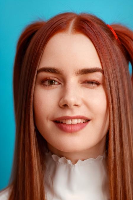 1girl, solo, portrait, face, (red hair:1.2), twin_tails, grin, blurry_background, bokeh, chromatic_aberration, depth_of_field, female focus, photorealistic, soft colors, masterpiece, high quality, (high detailed skin:1.1)
 <lora:lily_collins_lora_v02:1> lily89 <lora:l_wnk_we_sd_64_32:1> (winking expression:1.4)
