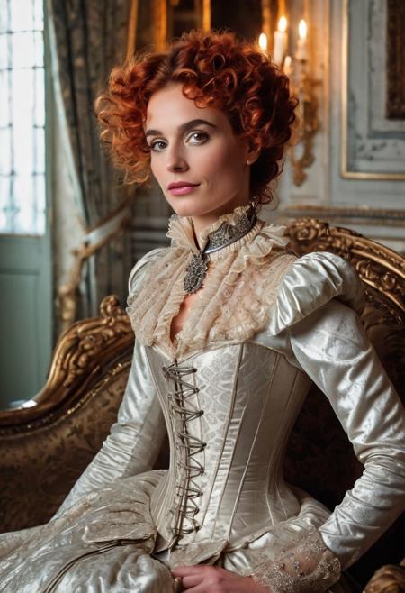 1boy,
A highly detailed best quality photography from the (year 1785:1.5) shows Catherine, a French (mature) noble femboy in a ball room. He leans lasciviously on a stylish chaise longue, half sitting, half lying down and looks at the viewer with a demeaning and arrogant smile on his face. 
The androgynous face of the Sissy with (narrow-set) wide open dark eyes, (long heavily crucked nose), (slim lower jaw), freckles and a (underbite) is (odd) but tells the interesting story of a live. The aged skin is wrinkled and shows agespots. He has elaborately coiffed intricate red curls with (several silver highlights:1.4). A heavy collar choker adornes his neck. He wears precious jewelry like diamond earrings and bangle bracelets. His decadent and extravagant (low-cut corset ball gown:1.5) results no cleavage because of his flat male chest.
The room is lined with silk wallpaper and sconces with candles create an intimate, subtle lighting atmosphere.