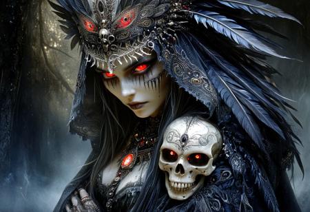 a digital painting in a dark, atmospheric style, portraying a mysterious woman with an air of ancient mysticism. The subject is a woman with pale skin and striking, glowing red eyes that seem to pierce through the dim light. Her long, dark hair cascades down her back, adorned with a large, ornate headdress made of black feathers and a prominent skull. The skull, centrally placed, is intricately detailed with sharp, menacing teeth and a hollow eye socket, adding to the eerie atmosphere.
Her face is adorned with tribal-like markings, including dark, geometric patterns around her eyes and mouth, enhancing her otherworldly appearance. She wears a heavy, fur-lined cloak that drapes over her shoulders, with the texture of the fur rendered in fine, detailed brushstrokes. The cloak is dark, almost black, blending seamlessly into the shadowy background.
The background is a gradient of dark grays and blues, with subtle, wispy light streaks that suggest a misty, ethereal environment. The lighting is soft but dramatic, casting subtle highlights and deep shadows that emphasize the contours of her face and the intricate details of her headdress and cloak. The overall mood is dark, mystical, and haunting, evoking a sense of ancient, forgotten lore.
Ethereal Gothic Elegance