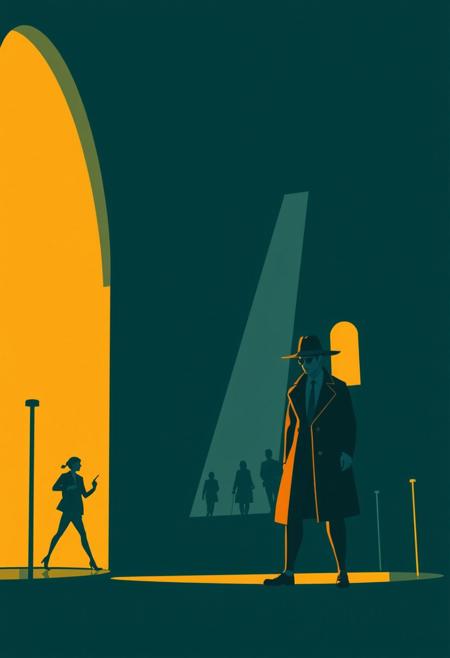 Modern flat design, rich deep teal and warm golden hour light, noir detective scene in graphic novel style, bold black and white illustrations, minimalist lines, expressive characters, simple two-dimensional shapes.