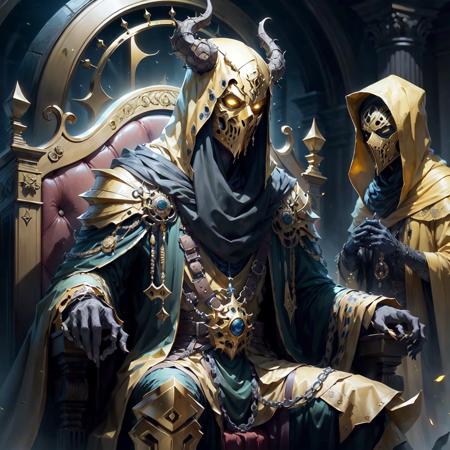 <lora:Hastur-000001:.7> Hastur, king in yellows, golden mask, on golden throne