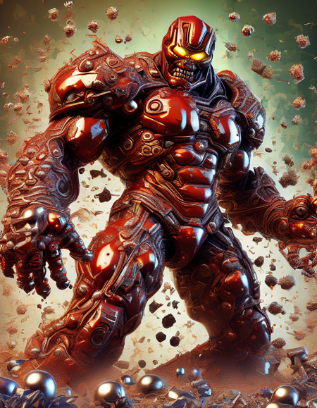 Masterpiece, best quality, 
(smashed toaster, fully clothed with a red warframe hulk, fighting iron man, heroic pose:1.0) made of chrome-steel balls, 
(detailed background:1.3), (temple, doom, chaos, cracks, dust, background:1.4), 
best quality, depth of field, chiaroscuro, cinematic, colorful, realistic, (dynamic pose, dynamic angle:1.5), masterpiece, intricate details, ultra detailed, 8k, highly detailed, very aesthetic, professional 4k, Canon 5d mark 4, moody lighting, natural light, soft light
