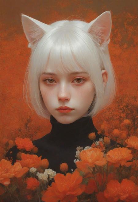 `white hair, shoulder-length hair, straight hair, 20 years old, catgirl, cat ears, cute, pale skin, blushed face, snub nose, flowers, collar, orange theme, red theme, digital artwork by Beksinski, portrait