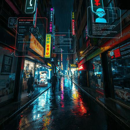 POV view of a person walking through a neon-lit alley in a dense cyberpunk city at night.
Augmented reality interface overlays the entire scene, projected from smart glasses:
– Holographic UI panels floating mid-air (navigation arrows, encrypted messages, facial ID scans).
– Street vendor marked with live crypto prices and toxicity level of food.
– NPCs auto-tagged with names, threat level, faction tags.
– Flickering ads being blocked by real-time ad-shield.
– Environmental data like air quality, humidity, and biofeedback vitals displayed on side HUD.
The alley is dripping with rain, neon reflections pulse in puddles, and distant gunfire echoes.
Highly detailed, cinematic cyberpunk AR vision, deep depth of field, futuristic interface, gritty urban realism, 8K, immersive atmosphere.