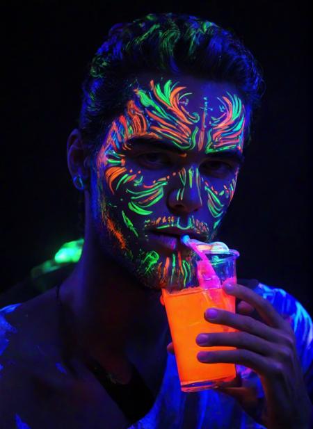 <lora:PE_NeonUV Style:0.9> PENeonUV, blacklight, neon,
men, head tilt,, face paint, holding a drink,
masterpiece, high resolution, octance 4k, high detail,