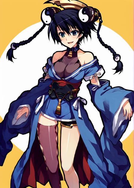  misha arsellec lune, black shirt,blue miniskirt, single thighhigh,indigo blue kimono