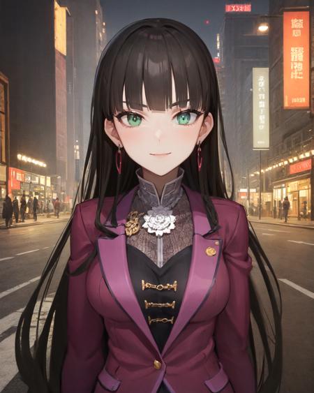 best quality, (masterpiece:1.2), illustration, absurdres, 
(1girl, solo, beautiful detailed girl), (upper body, portrait),
<lora:Kilika-08:0.8>,  Kilika Rouran, black hair, long hair, blunt bangs, hime cut, green eyes, medium breasts,
jewelry, earrings, flower ornament, purple suit, purple skirt, black undershirt, black pantyhose, black high heels,
looking at viewer, (smile:0.7),
city street, modern city, neon lights, night, (cyberpunk:0.8),