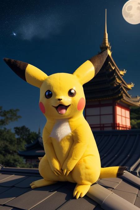 realistic Pikachu, fluffy fur, solo, black_eyes, flower, outdoors, sky, cloud, tree, no_humans, animal, facial_mark, Pokémon, night_sky, full_moon, starry_sky, Pokémon focus, architecture, east_asian_architecture, whiskers, yellow_fur, huge_moon, from straight-on, cute Pikachu sitting on a rooftop under a large full moon, surrounded by a fantasy setting with tall pagodas and flowers. Pikachu is sitting, looking at the viewer with large, expressive black eyes. the Pokémon has yellow fur with black stripes, and its ears are perked up, giving it a curious expression.