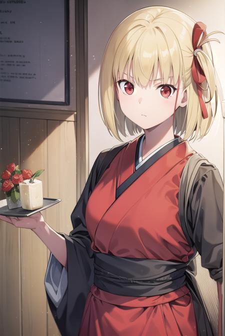 chisatonishikigi, <lora:chisatonishikigichickeiii-lora-nochekaiser:1>, 
nishikigi chisato, short hair, bangs, blonde hair, (red eyes:1.5), hair ribbon, one side up, bob cut,
BREAK japanese clothes, kimono, apron, red ribbon, waitress, red kimono,
BREAK indoors, cafe,
BREAK looking at viewer, (cowboy shot:1.5),
BREAK <lyco:GoodHands-beta2:1>, (masterpiece:1.2), best quality, high resolution, unity 8k wallpaper, (illustration:0.8), (beautiful detailed eyes:1.6), extremely detailed face, perfect lighting, extremely detailed CG, (perfect hands, perfect anatomy),