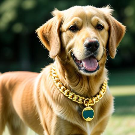 A golden retriever with gold chains and aviator sunglasses, rubbing his paws