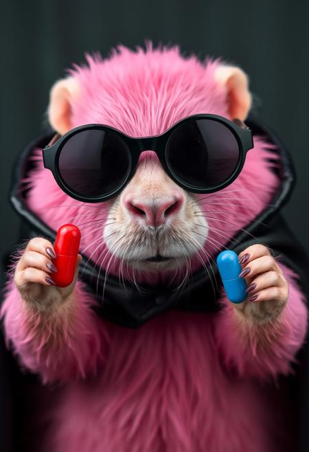 Pink capybara with black round mirrored glasses, like in the Matrix. She is wearing a black latex cape. In one paw she holds a red pill, in the other a blue one. She holds them out directly to the observer in the camera.