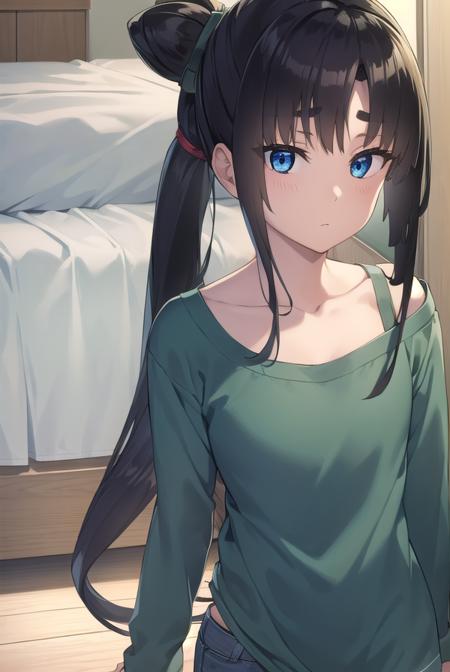 ushiwakamaru, <lyco:ushiwakamarupinta-lyco-nochekaiser:1>,
ushiwakamaru pinta, long hair, bangs, blue eyes, black hair, very long hair, sidelocks, hair bun, side ponytail, parted bangs,
BREAK shirt, collarbone, shorts, green shirt,
BREAK indoors, bed,
BREAK looking at viewer, (cowboy shot:1.5),
BREAK <lyco:GoodHands-beta2:1>, (masterpiece:1.2), best quality, high resolution, unity 8k wallpaper, (illustration:0.8), (beautiful detailed eyes:1.6), extremely detailed face, perfect lighting, extremely detailed CG, (perfect hands, perfect anatomy),