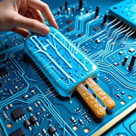 lazympos, depth of field, hyperrealistic, masterpiece, intrincate details, TzigoCBS,
a melting ice pop circuit board style, glowing bue ice pop, blue theme, a hand holding the ice pop stick