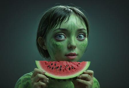 A technicolor 3d stereoscopic photograph,A female watermelon-human hybrid with embedded electronics, cartoon eyes, cinematic still, dramatic Moody cinematic lighting,