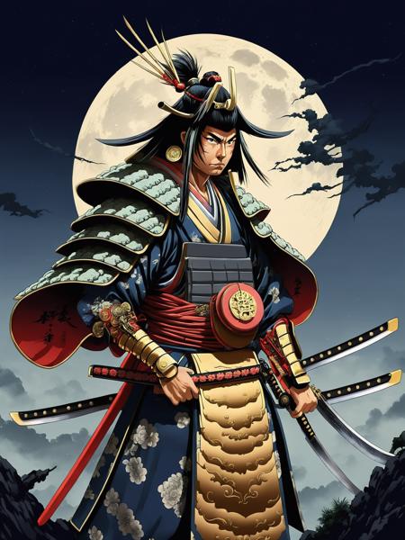 graphical anime portrait of A fierce and battle-hardened samurai, with a katana drawn:1.4, on a moonlit battlefield:1.4, with scars that tell tales:1.4, a determined expression:1.4, and a code of honor:1.4., Cyber-society , <lora:Fusion_Graphic_SDXL:1>