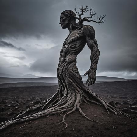 A solitary figure of resilience, carved from the very earth, enduring the wrath of nature's fury.