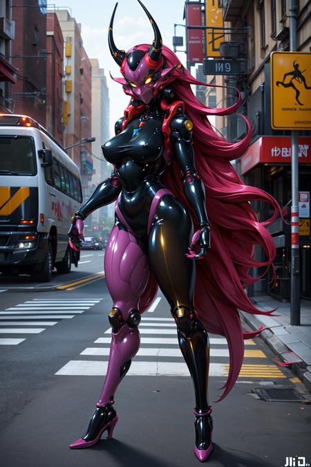 (1kaijin:1.2), (full_body:1.2), solo, (no_humans:1.2), outdoors, street, city, cars, people,
latex_bodysuit, evil, horns, very_long_hair, colored_skin, medium_breasts, high_heels, (robot_joints:1.2), (pantyhose:1.2),  colorful, 
(masterpiece,  best_quality:1.3), (realistic:1.3), photorealistic,
<lora:kaijin_v5-000018:0.9>