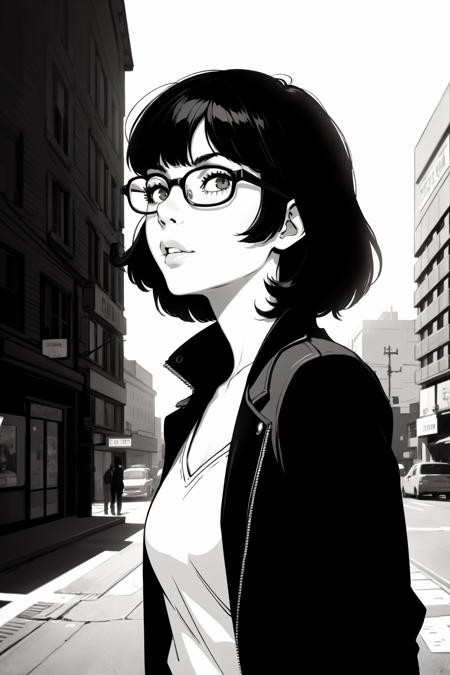 1girls, (upper body:1.3), (looking at viewer:1.2)
(thick rim glasses:1.3), stylish hair, medium hair, swept bangs, black hair, jacket, stylish
BREAK <lora:Ilya Kuvshinov [MockAi - v1.0]:0.95> ilyakuvshinov, (painterly style), (cinematic composition:1.4), expert shading, semi-realistic, (limited color palette:1.2), (overexposed background:1.2), backlight, white background, simple background, city backdrop, lens flare
BREAK intricate details, (masterpiece:1.3), (best quality:1.3), (perfect anatomy:1.4) BREAK