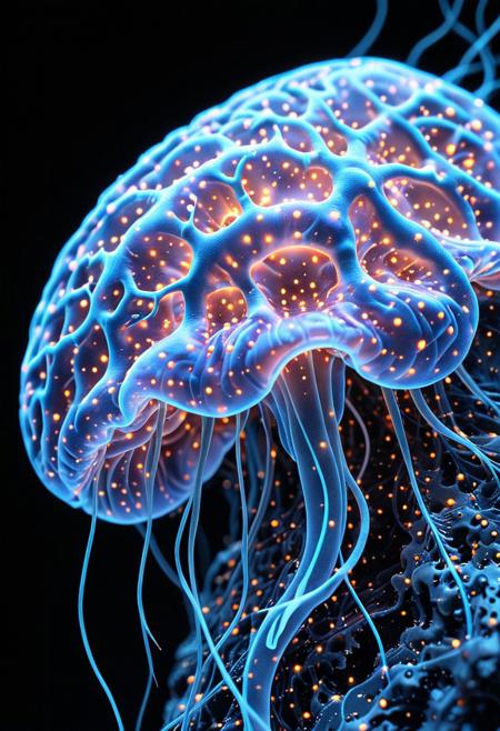 A detailed electronic model of a human brain showing inner circuitry. Side view. Shallow depth of field. Black abstract background.
The composition is minimalist, stylized, and highly graphic, glowing neurons, glowing circuits.
flat colors, cel shading, cel shaded comic book style, best_quality, amazing quality, masterpiece, absurdres, highres, very_detailed, extremely_detailed, ultra_detailed, sharp_focus, clean_lines, high_detail, intricate detail.