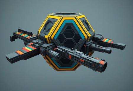 2 metre sized flying object. Decahedron with  shaped brutalist aesthetic. Anti gravity drive. Equipped with 2 guns. Bright overall colour with bold stripes and graphics.