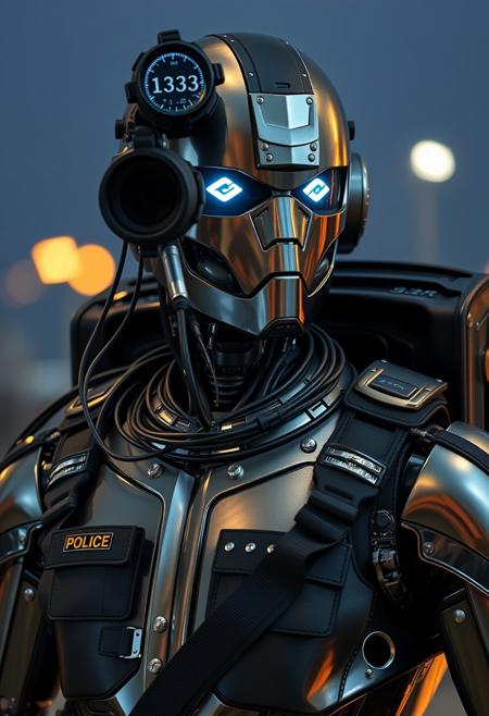 robot in police uniform he got wires on his neck and intricate piping on his shoulders that connected to his hands, backpack made out of wires and pipes, scope on his eye, focused, glowing eyes with numbers on them,  shining metallic texture, that reflects night sky, sharp UHD, smooth,