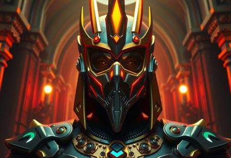 Create a high-resolution, cinematic image of Elemental HERO Bladedge merged with Curse of the Masked Beast, inspired by storm Egyptian gods and 1970s X-Men art style. The character, named Chad, should be depicted with epic bionic cyborg implants, set against a rich, deep, symmetrical Neo-Gothic background. Incorporate Fibonacci elements and micro details, with a focus on lifelike, photorealistic quality. The image should evoke a sense of luxury and have a vibrant, high-contrast color scheme. The final image should be in 8K resolution, with a 16:9 aspect ratio, and be suitable for use as a film still or diorama. Incorporate the style of Ayami Kojima, Amano, and Ilya Kuvshinov, with a focus on cohesive, atmospheric lighting.