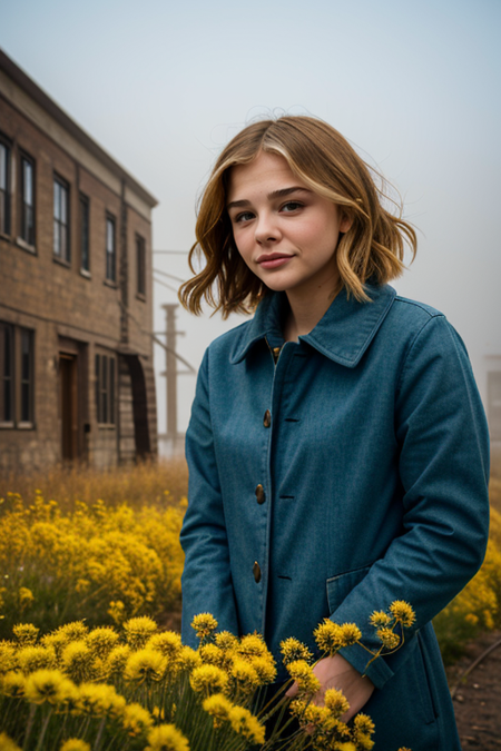 ChloeMoretz, upper body portrait, industrial factory exterior, morning, autumn, foggy, 1910s documentary style, classic box camera, sepia-toned film, natural diffused lighting, deep focus, traditional urban streets, poignant human moments, historic architectural backgrounds, period-specific attire, rustic rural landscapes, early industrial scenes