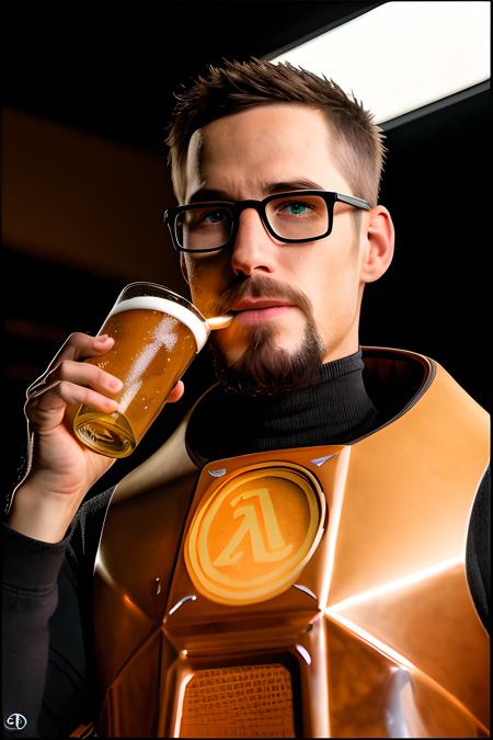 RAW photo, gordon_freeman drinking beer, best quality, high quality, masterpiece, warm light,  <lora:GordonFreeman:1>